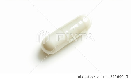 Medicinal suppository on a white background. Single healthcare capsule with a glossy finish. Concept of targeted medication, medical treatment, drug delivery, and specific therapeutic application 121569045