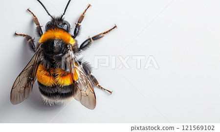 Macro of a bumblebee. Isolated bumblebee on a white background. Concept of wildlife, nature's detail, and scientific study. Banner. Copy space. 121569102