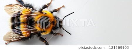 Close-up shot of a bumblebee isolated on white background. High-definition insect on a white backdrop. Concept of entomology, macro detail, and educational imagery. Banner. Copy space. 121569103