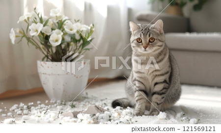 Curious cat next to plant pot on white carpet, surrounded by scattered flowers. Concept of mischievous pet, domestic animals, home mess, indoor activities, funny kitten. 121569121