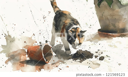 Watercolor art of Inquisitive cat next to overturned plant pot on white carpet, surrounded by scattered soil. Concept of mischievous pet, domestic animal, home mess, funny kitten 121569123