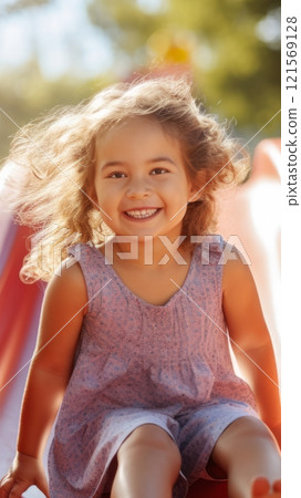 Smiling kid girl sliding down a red playground slide. Concept of childhood joy, playtime fun, summertime, and outdoor activity. Vertical format 121569128
