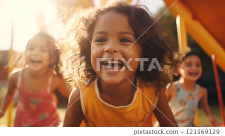 Group of happy kids enjoying outdoor games on a playground. Concept of friendship, childhood joy, outdoor play, summertime, and fun in the sun. 121569129
