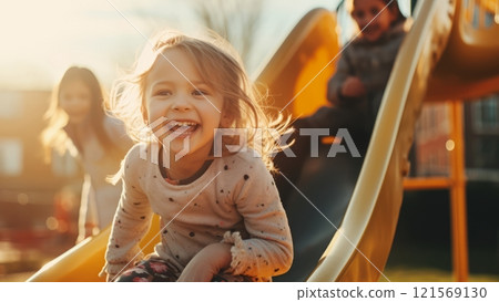 Cheerful young children playing on a playground. Concept of friendship, childhood joy, outdoor play, summertime, fun in the sun. 121569130