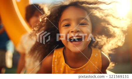 Joyful kid mulatto girl plays at the playground. Concept of childhood joy, outdoor activities, friendship, summertime, happiness, and diverse youth. 121569131
