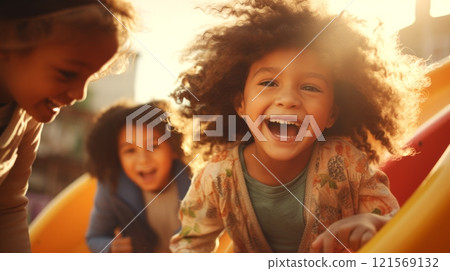 Cheerful children of different nationalities play at the playground. Concept of childhood joy, outdoor activities, friendship, summertime, happiness, and diverse youth. 121569132