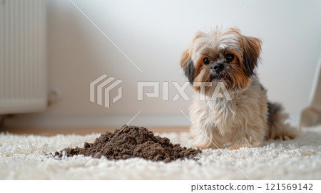 Small dog next to a pile of soil on carpet. Shih Tzu with a guilty look. Puppy made a mess on the rug. Concept of puppy accidents, home cleanliness, and adorable pet mischief 121569142