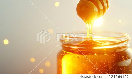 Honey drizzling from dipper into a glass jar on a light backdrop. Liquid honey pouring. Concept of natural sweetness, bee products and gourmet indulgence. Banner. Copy space. Honey drizzling from dipper into a glass jar on a light backdrop. Liquid honey pouring. Concept of natural sweetness, bee products and gourmet indulgence. Banner. Copy space. 121569152