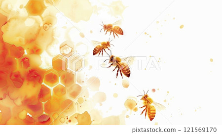 Bees and honeycomb with watercolor effect. Swarm of bees on artistic background. Concept of pollination, honey production, creative design, and nature-inspired art. Copy space. 121569170