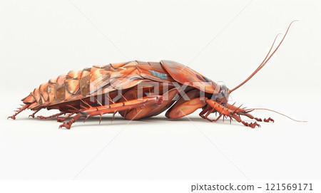 Illustration of cockroach on white background. Pest insect. Concept of infestation, pest control, hygiene, domestic cleanliness, home pest, extermination, and sanitation. Digital art. 121569171