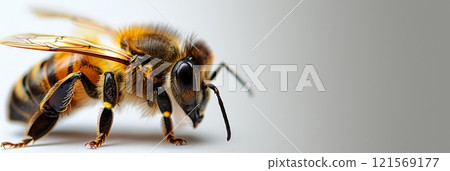 Bee on a light background. Detailed bee close-up. Concept of entomology, pollination biology, and ecological research. Banner. Copy space. 121569177