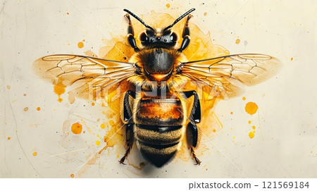Bee digital illustration with golden wings. Detailed honeybee artwork on light yellow background. Bumblebee. Concept of nature, insect, wildlife art, entomology study, and natural beauty 121569184