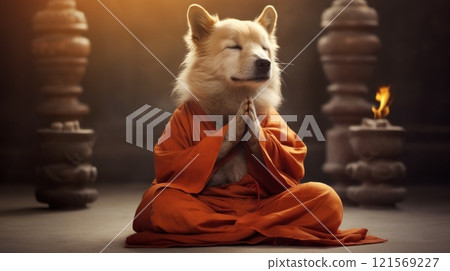 Sage dog in monk attire in meditation pose in the temple. Doggy guru meditates, achieving nirvana. Suitable for spiritual or humorous content 121569227