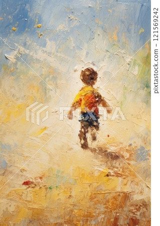 Child Running on Beach. In style of oil painting. Metaphorical associative card on theme of Happy childhood. Psychological abstract picture. Postcard, wall decoration, book illustration 121569242
