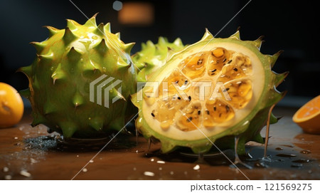 Kiwano fruit. Whole fruit and half. On dark background with drops. Exotic tropical fruits. Organic vegan dessert. Food. Close up. Restaurant, cafe, food blog, menu, web design, store, supermarket. 121569275