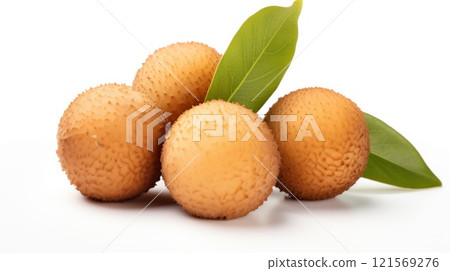 Longan fruit on white background. Whole fruits with green leaves. Exotic tropical fruits. Healthy vegan dessert. Food. Close up. Restaurant, cafe, food blog, menu web design. 121569276