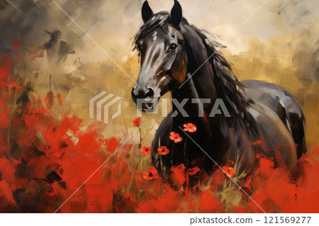 Majestic black horse in field of blooming red poppies. Power and Grace of Wild Mustang. Illustration in style of oil painting. Ideal for background, banner, poster, wall decoration, print, web design. 121569277
