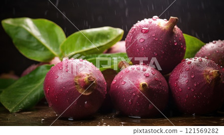 Mangosteen fruit on dark background. Whole fruits with green leaves. Exotic tropical fruits. Organic vegan dessert. Food. Close up. Restaurant, cafe, food blog, menu, web design, store, supermarket. 121569282
