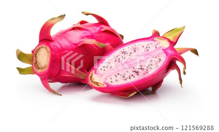 Pitahaya fruit whole and half on white background. Red pink pitaya fruit. Exotic Dragon Fruit. Cactus fruit. Sweet healthy vegan dessert. Macro view. Market, restaurant, menu, design, food blog 121569288