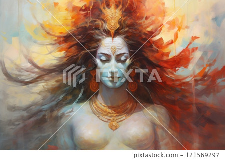 Goddess Shakti. Hindu deity. A woman with crown. Fantasy lady. Shakti is meditating. On abstract background. Illustration. Ideal for mythology, fantasy, religious, digital art project. 121569297