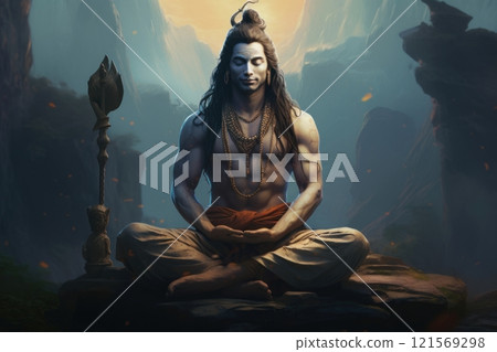 Digital fantasy illustration of a meditating deity man in a mystical landscape, suitable for spiritual or fantasy themes. God Shiva. Hindu deity 121569298