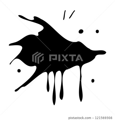 Ink blot. Abstract stain with drops and splashes. Black paint splatter. Vector illustration isolated on a white background. Liquid dirty inkblot. Grunge texture. Design element 121569308