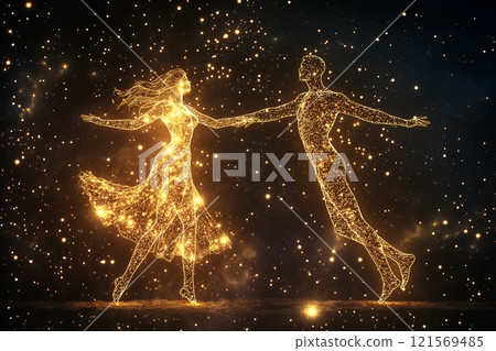Dancing couple illuminated by starlight in a cosmic setting 121569485
