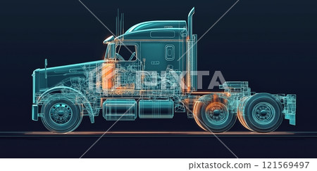Futuristic wireframe design of a truck showcasing advanced engineering and technology 121569497