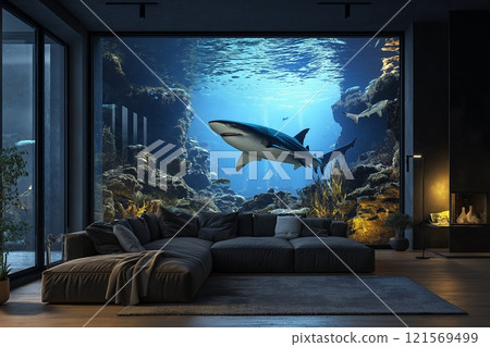 Shark swimming gracefully in a vibrant underwater environment within a modern living space 121569499