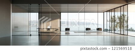 Modern interior with glass walls and windows 121569518
