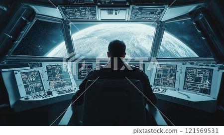 Pilot in spaceship control room 121569531