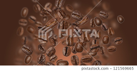 Levitating roasted coffee beans on brown background 121569665