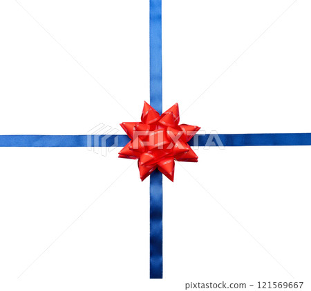 Red bow and crossed blue silk ribbons on isolated background 121569667