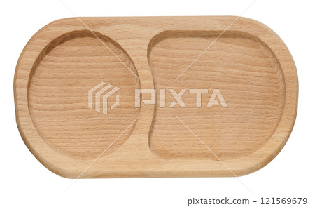 Wooden oval empty board for serving food on isolated background 121569679