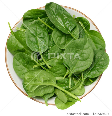 Heap of fresh green spinach leaves and red cherry tomatoes in white plate on isolated background, top view Heap of fresh green spinach leaves and red cherry tomatoes in white plate on isolated background, top view 121569695