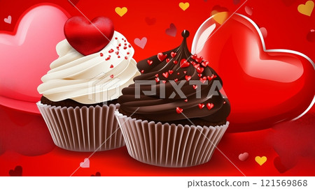 Delicious chocolate and vanilla cupcakes with heart decoration on red background. Happy Tu B'Av, Valentine's Day 121569868
