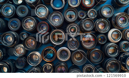 photography camera lenses pattern, collection of video and photo equipment set, technology background 121569910