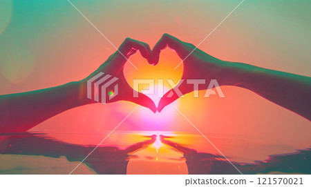hands showing love heart shape sign on pink sunset background 121570021