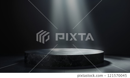 minimalistic black rock podium with round stage, minimal graphite scene with backlight, in style of black and white 121570045