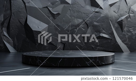 minimalistic black rock podium with round stage, minimal graphite scene with backlight, in style of black and white 121570046
