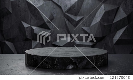 minimalistic black rock podium with round stage, minimal graphite scene with backlight, in style of black and white 121570048