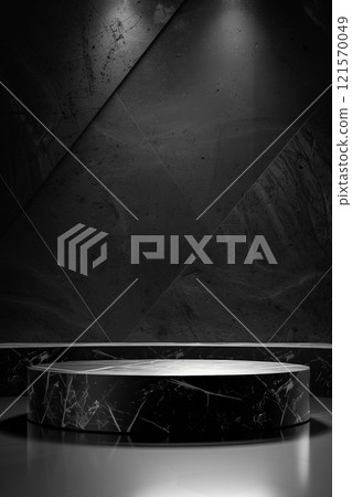 minimalistic black rock podium with round stage, minimal graphite scene with backlight, in style of black and white 121570049