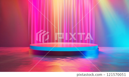 colorful stage with neon vibrant light, empty futuristic glowing podium or pedestal, creative colourful background with scene 121570051