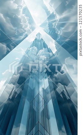 geometry lines and mirrored glass reflections creative abstract background, blue sky and futuristic contemporary fractal structure geometry lines and mirrored glass reflections creative abstract background, blue sky and futuristic contemporary fractal structure 121570235