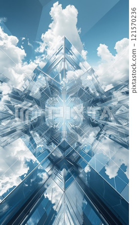 geometry lines and mirrored glass reflections creative abstract background, blue sky and futuristic contemporary fractal structure 121570236
