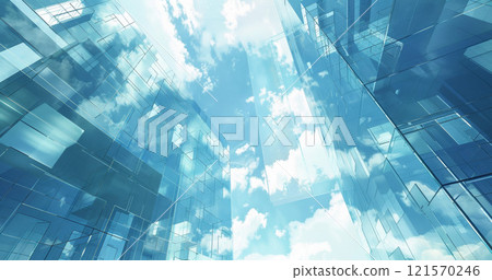 geometry lines and mirrored glass reflections creative abstract background, blue sky and futuristic contemporary fractal structure geometry lines and mirrored glass reflections creative abstract background, blue sky and futuristic contemporary fractal structure 121570246