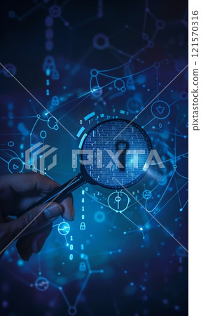 digital key under magnification glass for privacy and security protect, technology and information safety, cyberspace password concept 121570316