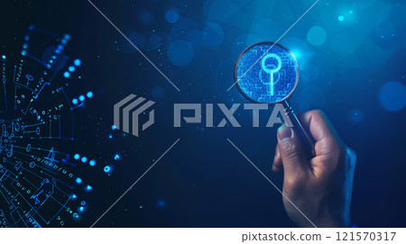 digital key under magnification glass for privacy and security protect, technology and information safety, cyberspace password concept 121570317