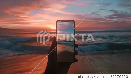 closeup shot of person holding mobile phone in hand and taking photo of beautiful sunset over sea or ocean, nature photography with smartphone digital camera 121570350