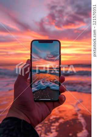closeup shot of person holding mobile phone in hand and taking photo of beautiful sunset over sea or ocean, nature photography with smartphone digital camera 121570351